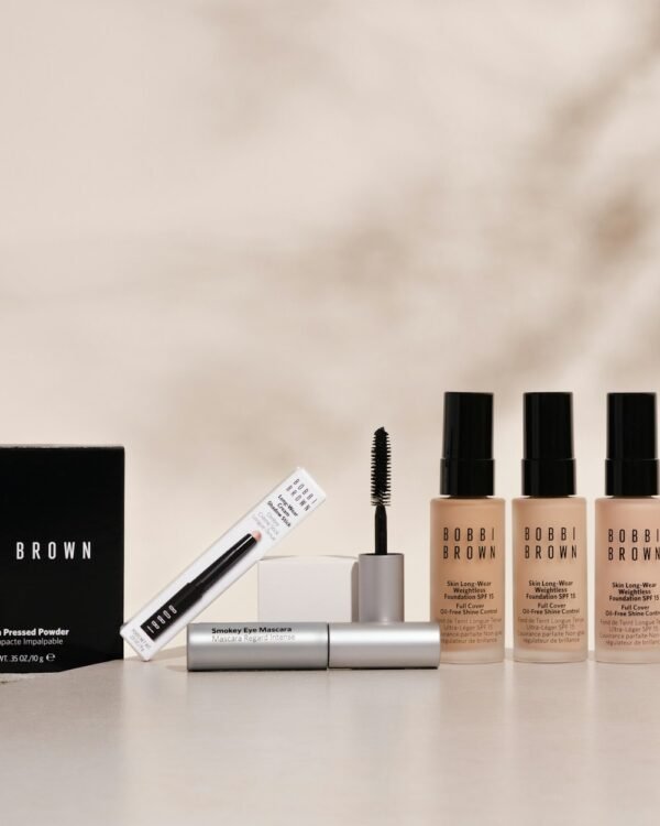 Beauty products on neutral white table