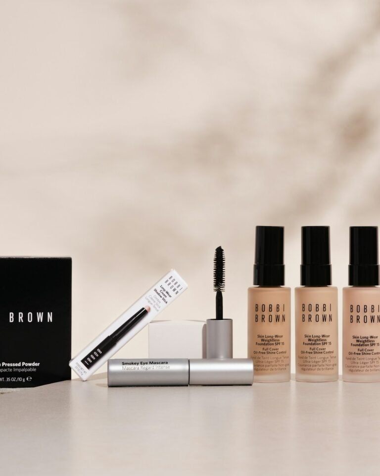 Beauty products on neutral white table